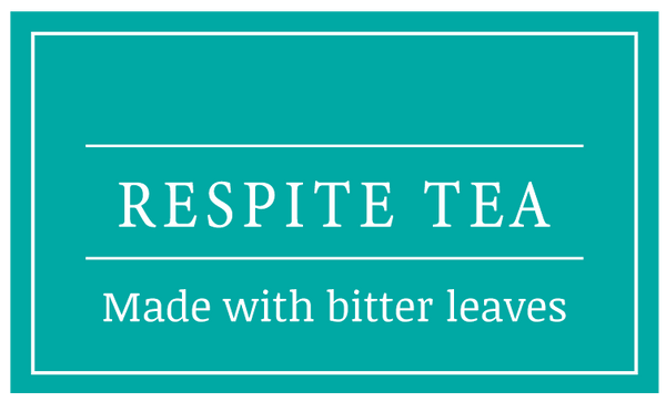 Teal background with 'Respite Tea' text and tagline 'Made with bitter leaves'