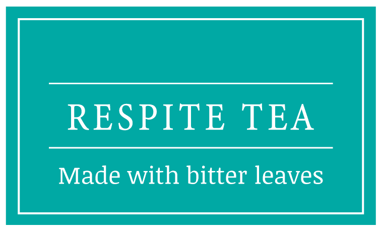Teal background with 'Respite Tea' text and tagline 'Made with bitter leaves'